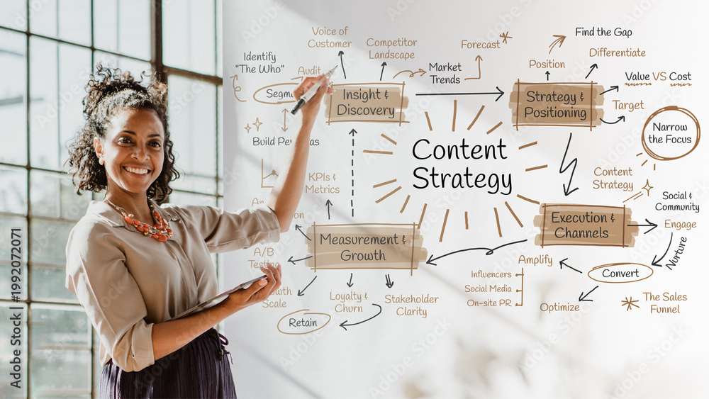 Fototapeta premium Smiling woman presenting a Content Strategy flowchart on a glass board.