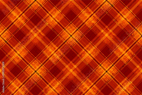 Seamless Diagonal Plaid Background Texture with Ornate Red and Orange Tartan Pattern. Traditional Scottish Fabric Textile Design for Autumn Fashion, Nobility Check Vector Illustration.