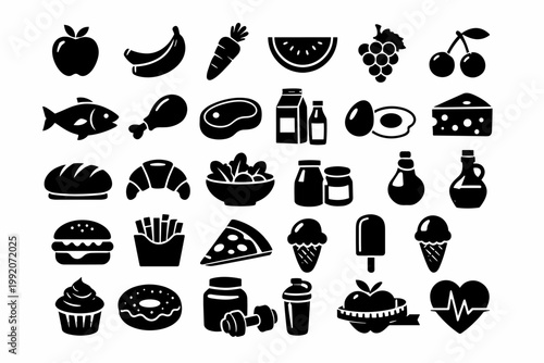 Food and Nutrition Silhouette Icons Set featuring Healthy Eating, Fast Food, Fruits, Vegetables, Meat, Dairy, Bakery, Sweets, Fitness, and Dieting Symbols for Graphic Design, Web, and App UI