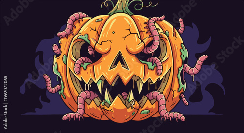A grotesque pumpkin carved with a menacing face, infested with wriggling worms, set against a dark background