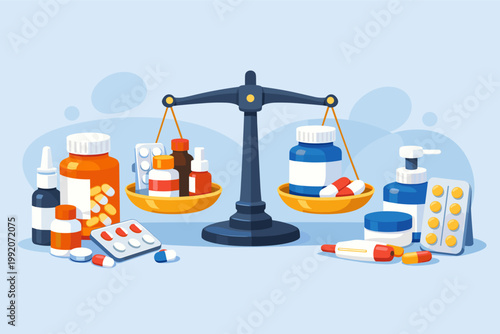 Healthcare Pharmacy Medication Balance Scale Comparison Illustration with Various Medicine Bottles, Pills, Capsules, and Blister Packs for Treatment, Health, and Medical Cost Analysis