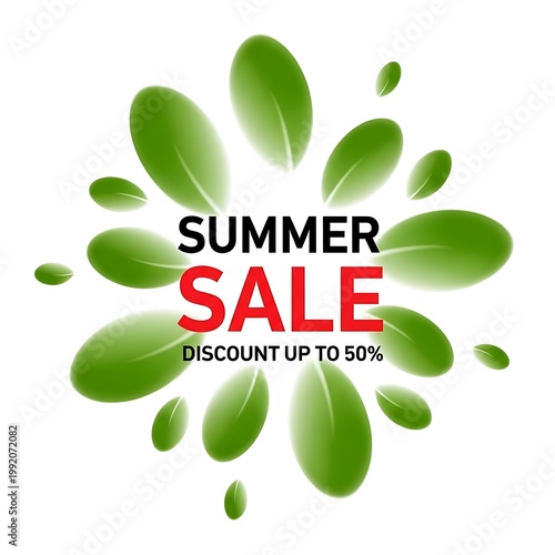 Summer sale banner with green leaves on white background