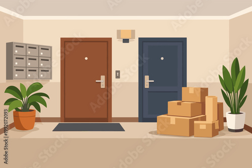 Apartment Building Hallway Interior with Two Closed Doors, Mailboxes, Potted Plants, and Stack of Cardboard Boxes for Moving. Flat Vector Illustration of Residential Corridor Lobby Entrance.