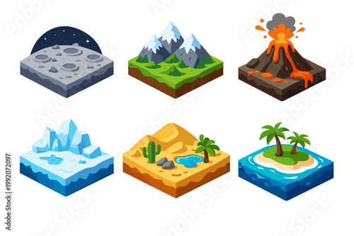 Isometric terrain set featuring moon surface, snow-capped mountains, erupting volcano with lava, arctic icebergs, desert oasis with cactus, and tropical island in the ocean for game design.