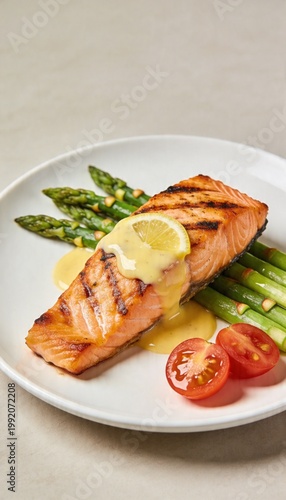 Delicious grilled salmon steak topped with lemon butter sauce, served with roasted asparagus and cherry tomatoes on a white plate