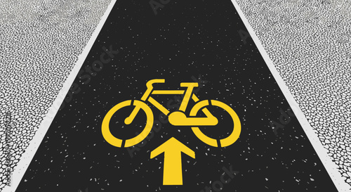 A white bicycle symbol painted on the asphalt street defines a dedicated urban bike lane for safe transportation and cycling traffic along the city road way