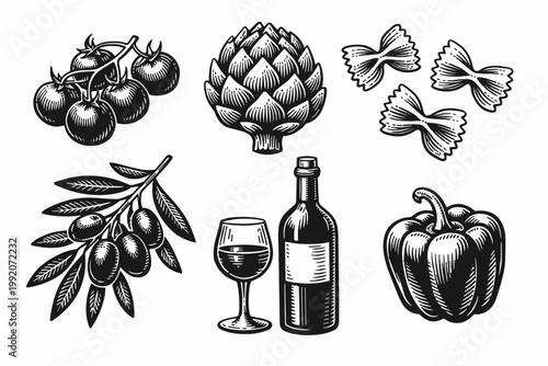 Mediterranean food collection in vintage woodcut style featuring hand-drawn illustrations of cherry tomatoes, artichoke, farfalle pasta, olive branch, wine bottle, glass, and bell pepper.
