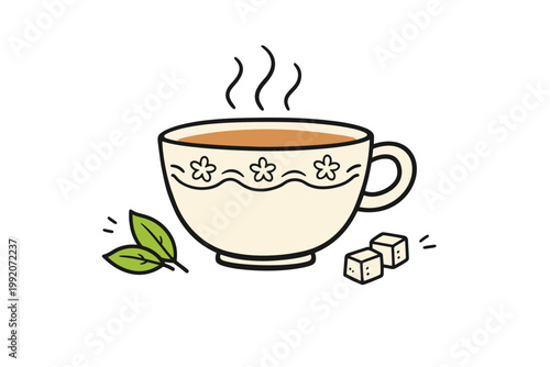 Hand Drawn Tea Cup Doodle Illustration with Steam, Green Tea Leaves, and Sugar Cubes; Simple Flat Vector Art Isolated on White Background for Cafe Menu, Kitchen Decor, or Cozy Morning Branding.