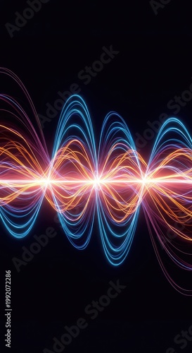Abstract visualization of sympathetic vibration and energy transfer across dynamic, illuminated wave structures creating powerful harmony, rhythm, dynamic, synchronization