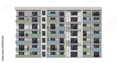 Modern Apartment Building Facade with Balconies and Windows.