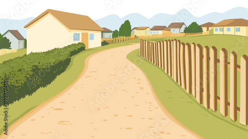 A winding dirt path leads through a serene neighborhood, flanked by houses, fences, and verdant hedges