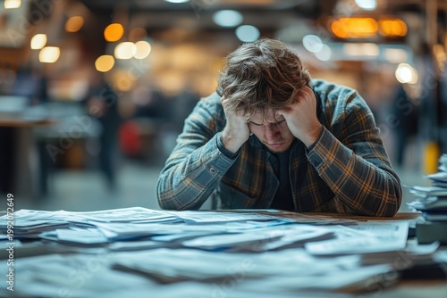 Stressed Person Sitting at Desk Under Financial Pressure