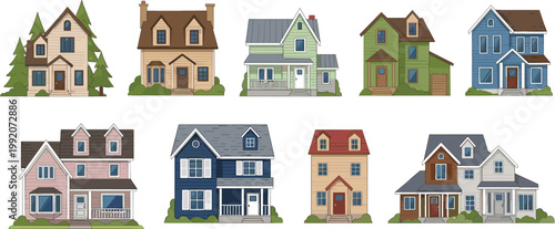 Colorful Flat Design Suburban Residential House Collection Set with Various Styles and Colors for Real Estate and Architecture Designs