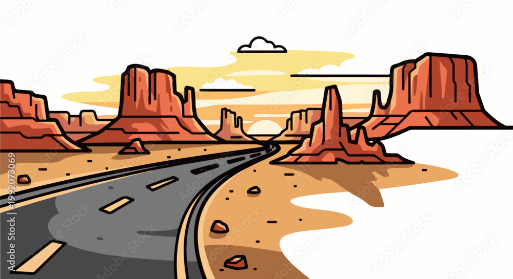 Fototapeta premium A paved road curves through a desert landscape with towering rock formations at sunset
