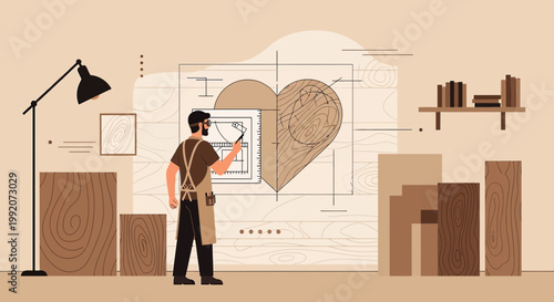 Carpenter Drawing Heart Blueprint, Woodworking, Craftsmanship, Love, Passion, Design