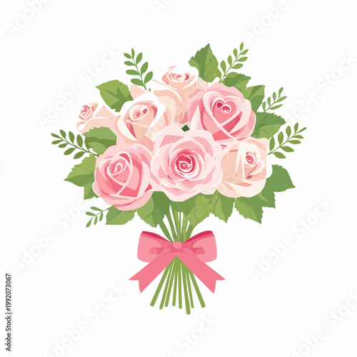 Pink Roses Bouquet with Green Leaves and Pink Bow