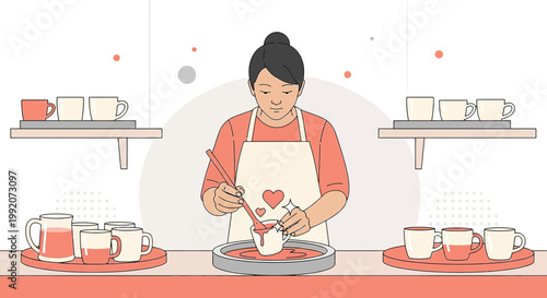 Ceramic Artist Decorating Mug with Heart Detail