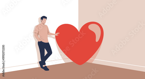 Man Leaning on Giant Red Heart in Corner, Symbolizing Love, Relationships, and Support