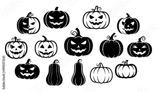 Pumpkin icon set with silhouette and outline styles including halloween jack o lantern isolated on white background