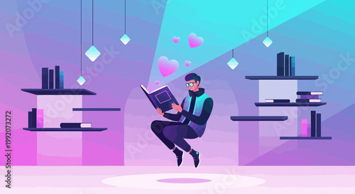 Man Levitating Reading Book, Hearts Floating, Abstract Geometric Background