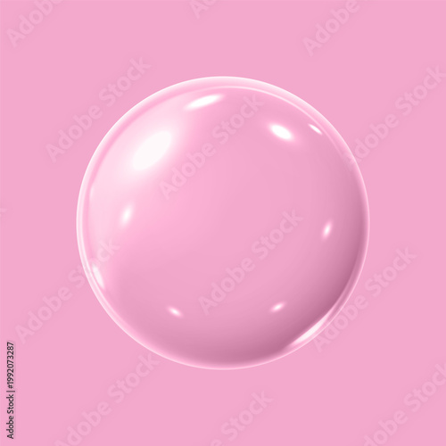 Transparent 3D sphere with highlights, liquid shape, on a pink isolated background.