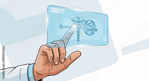A finger touches a futuristic screen displaying medical and tourism icons, symbolizing health travel