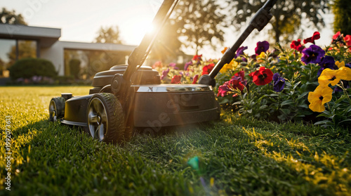 A robotic lawn mower cuts the lawn in a garden. Automatic lawnmower moves in the middle of the lawn, lawn care, grass cutting.