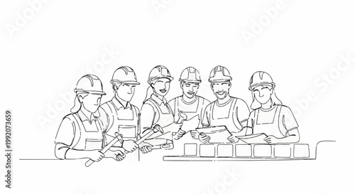 A group of smiling workers in hard hats and overalls are collaborating