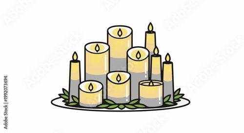 A grouping of lit candles in various sizes and shapes, adorned with green leaves