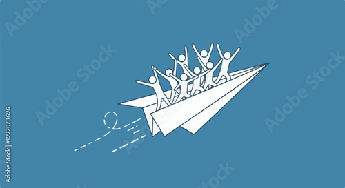 A group of stick figures joyfully ride on a paper airplane in the sky
