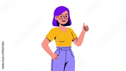 Happy young woman standing and showing thumb up. Character Animation. positive emotion, hand gesture. like, agree, approve concept, success, satisfaction. 2d flat cartoon style 4K stock video