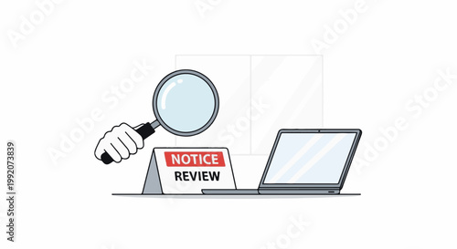 A hand holds a magnifying glass over a "Notice Review" sign next to a laptop