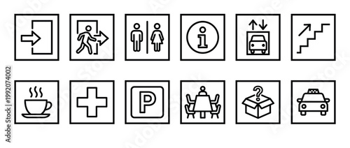 Public service icons set featuring essential navigation symbols for various facilities and amenities in a modern outline style.