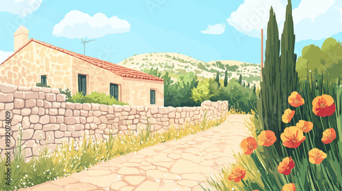 Digitally rendered countryside scene with a stone house, path, and lush vegetation under a blue sky