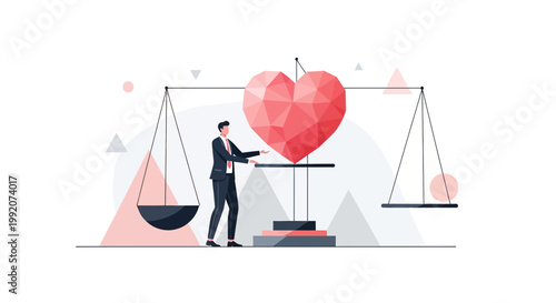 Businessman Balancing Heart on Scales, Symbolizing Love, Ethics, and Business Decisions