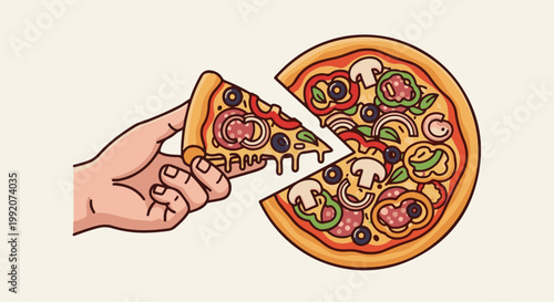 A hand pulls a slice of pizza with melted cheese and toppings from a whole pizza