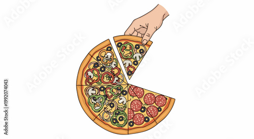 A hand reaches for a slice of a freshly made, round pizza with varied toppings