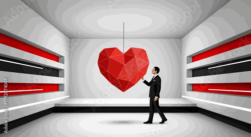 Businessman Admiring Giant Geometric Red Heart Sculpture in Modern Gallery