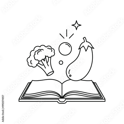 Open cookbook with floating broccoli and eggplant line art for healthy food education and vegetarian recipe blog design