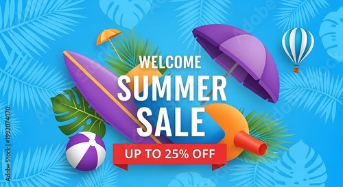 Summer sale advertisement with beach items on blue background