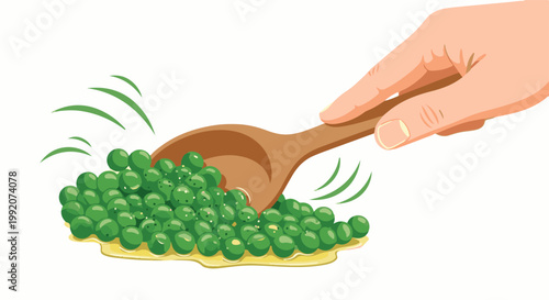A hand scoops fresh green peas with a wooden spoon