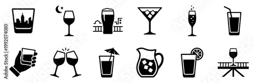 Collection of various drink icons including wine glasses, beer mugs, cocktails, and other alcoholic and non-alcoholic beverages in different types of glassware.