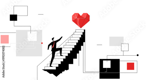 Businessman climbing stairs towards abstract geometric heart, symbolizing success and love