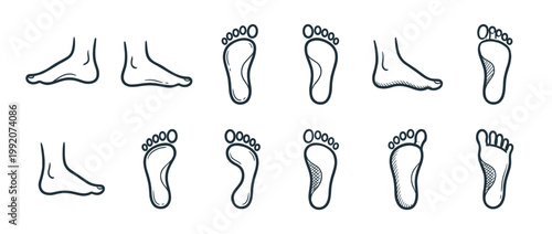 Human feet illustrations depicting various angles of the foot, from side profiles to detailed sole patterns, in a hand-drawn sketch style.