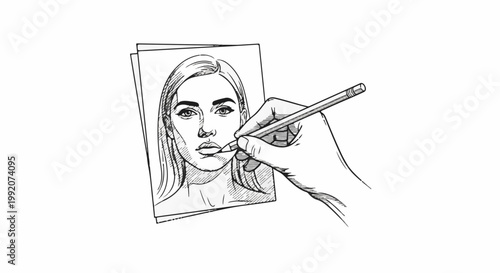 A hand sketches a woman's face with a pencil on a piece of paper
