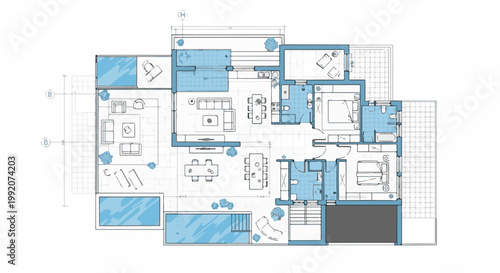 A hand-drawn architectural floor plan of a modern house with pools, furniture, and landscaping details