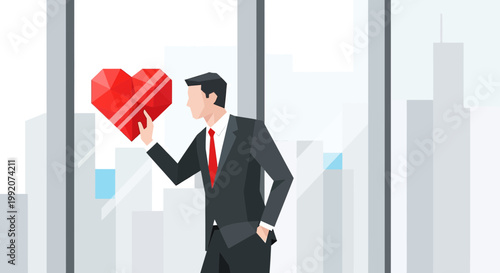 Businessman Holding Red Geometric Heart in Modern Office with Cityscape Background