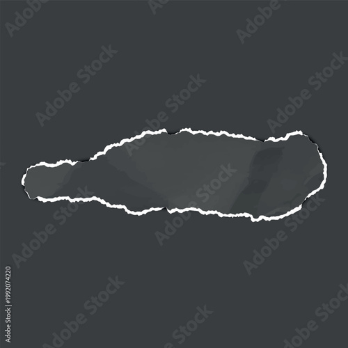 Black crumpled torn paper strip piece, torn sheet of page fragment creased surface, vector realistic scrap ripped edges