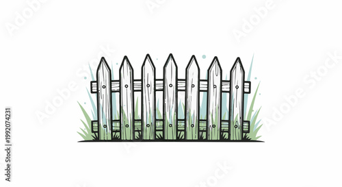 A hand-drawn, rustic white picket fence stands tall amidst vibrant green grass and scattered light blue dots