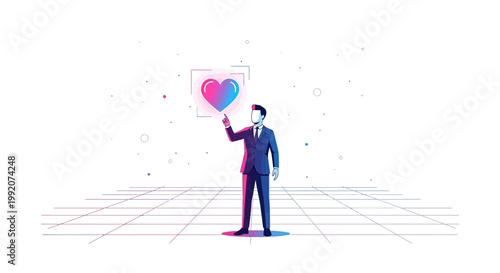 Businessman Interacting with Digital Heart Icon in Futuristic Grid Environment